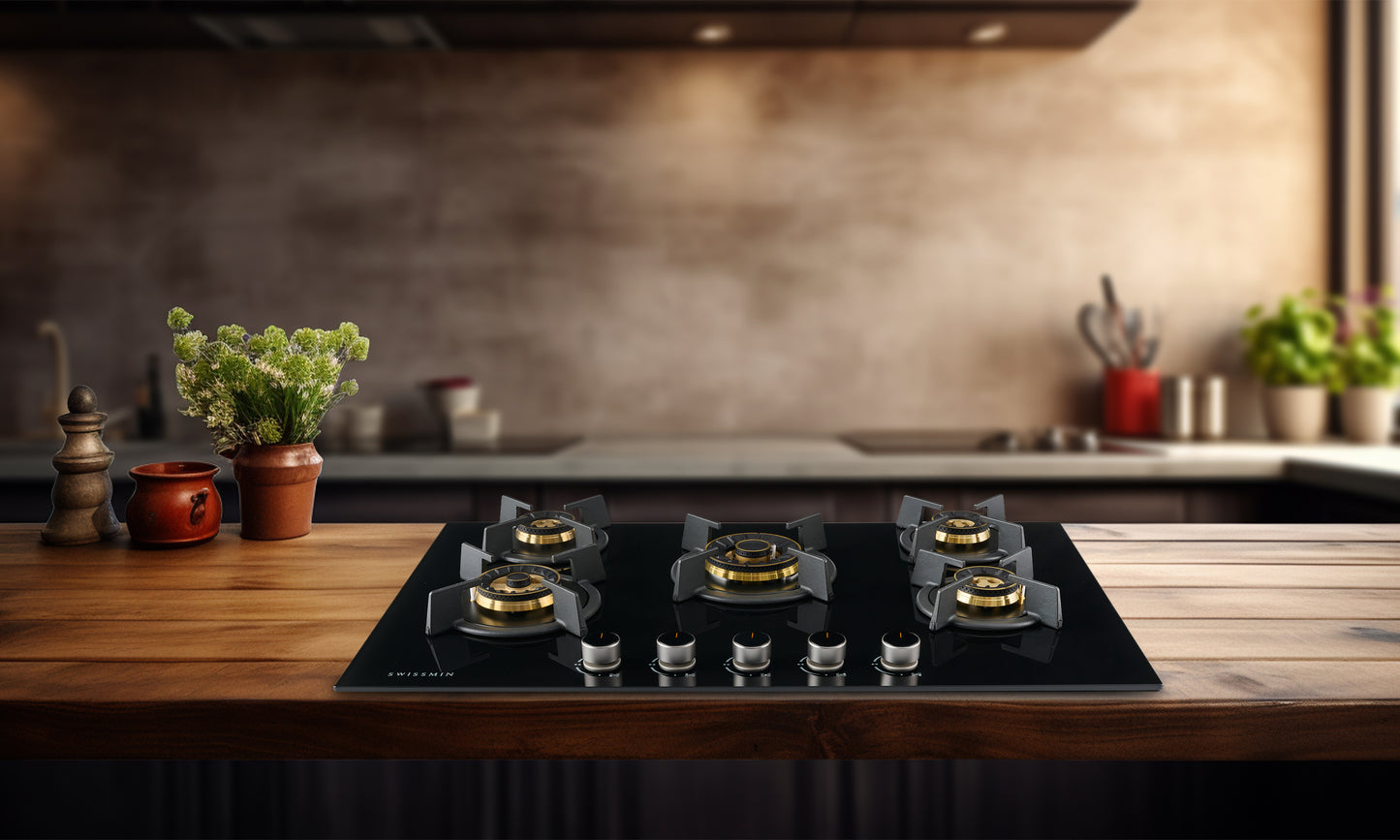 Swissmin 90cm Black Glass Gas Hob with 5 Brass Burners
