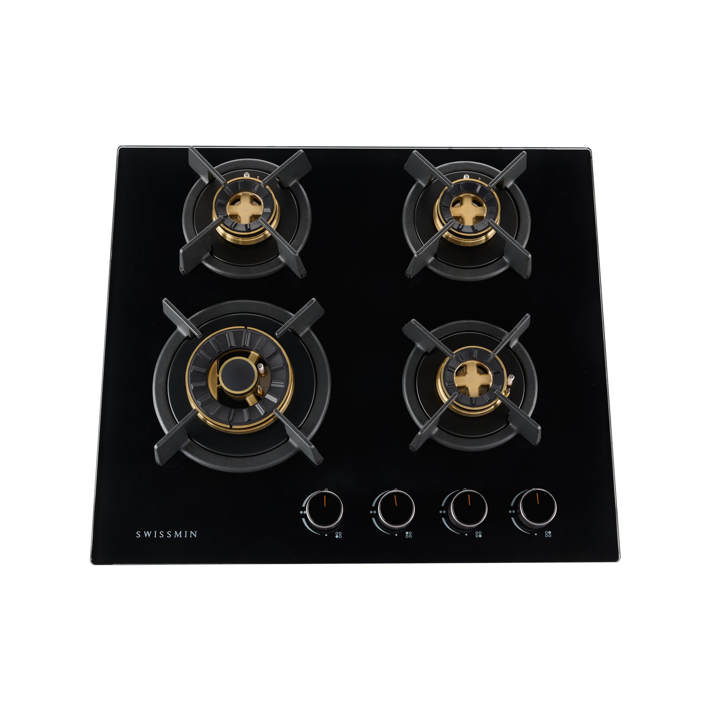 Swissmin 60cm Black Glass Gas Hob with 4 Brass Burners