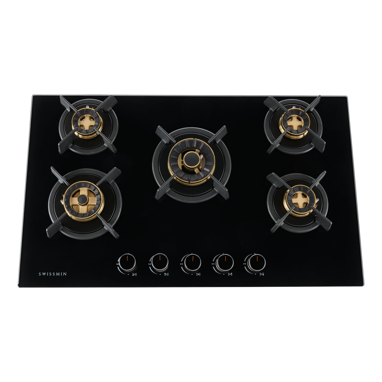 Swissmin 90cm Black Glass Gas Hob with 5 Brass Burners