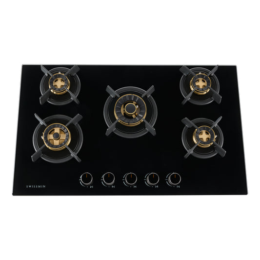 Swissmin 90cm Black Glass Gas Hob with 5 Brass Burners