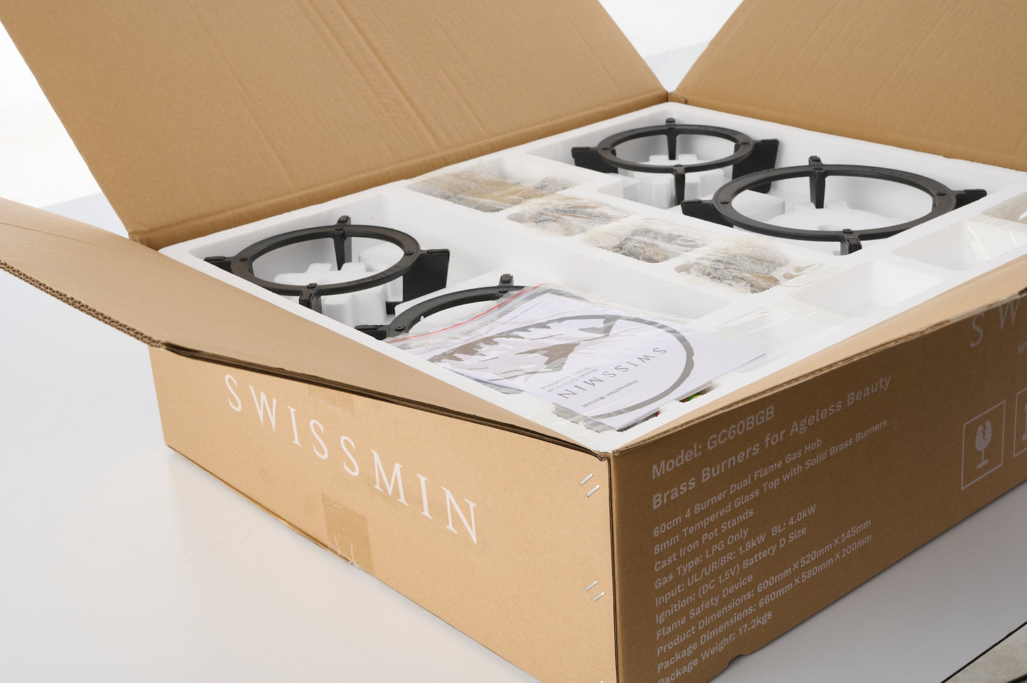 Swissmin 60cm Black Glass Gas Hob with 4 Brass Burners