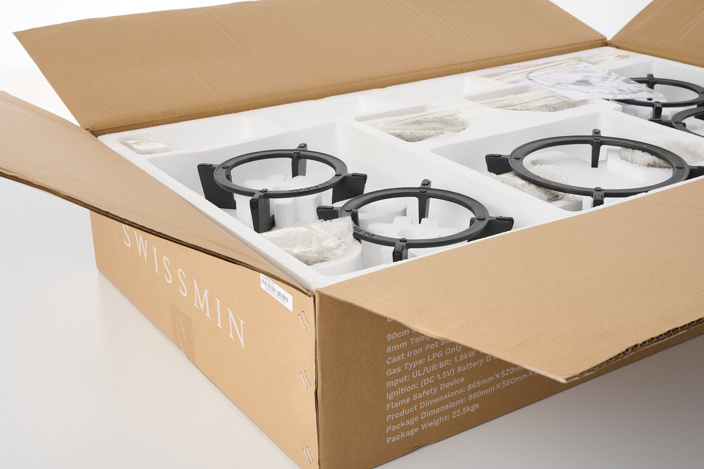 Swissmin 90cm Black Glass Gas Hob with 5 Brass Burners