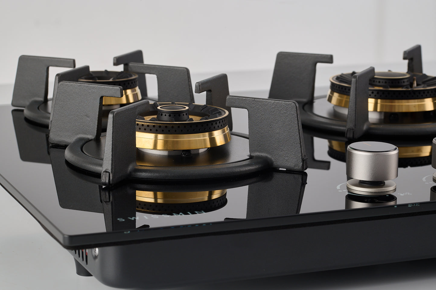 Swissmin 90cm Black Glass Gas Hob with 5 Brass Burners