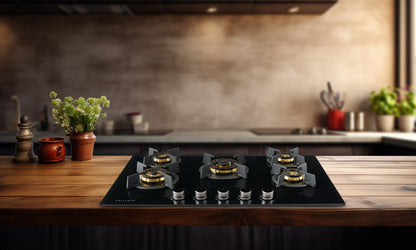 Swissmin 90cm Black Glass Gas Hob with 5 Brass Burners