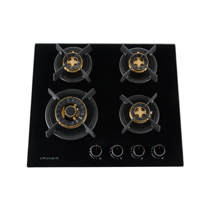 Swissmin 60cm Black Glass Gas Hob with 4 Brass Burners
