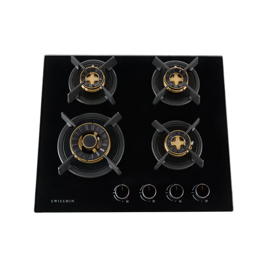 Swissmin 60cm Black Glass Gas Hob with 4 Brass Burners