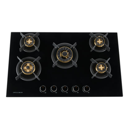 Swissmin 90cm Black Glass Gas Hob with 5 Brass Burners