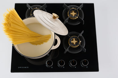 Swissmin 60cm Black Glass Gas Hob with 4 Brass Burners