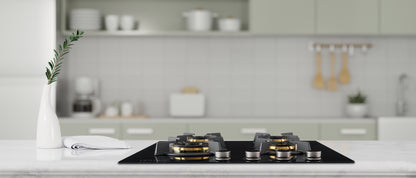 Swissmin 60cm Black Glass Gas Hob with 4 Brass Burners